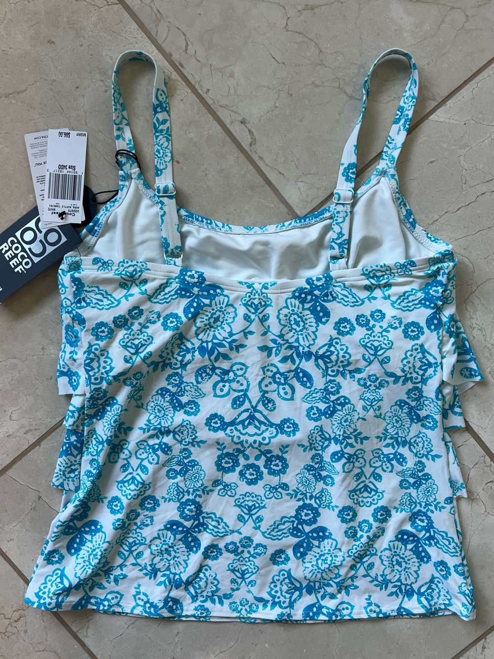 NWT Coco Reef Tankini Ruffle Underwire Swim Top Blue White Floral 34DD Beachwear - Picture 3 of 8